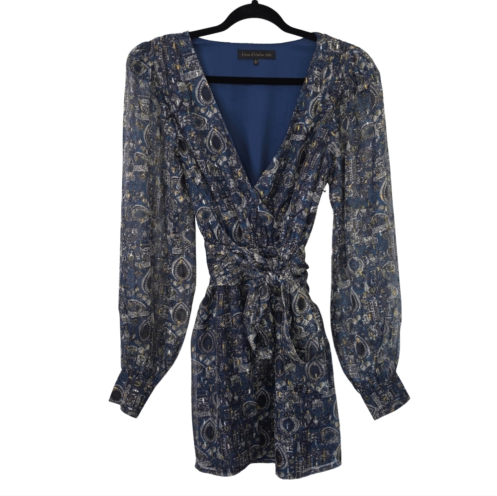 House of Harlow 1960 "Alba" Blue Mosaic Surplice Mini Dress | Size XS | - Picture 4 of 15